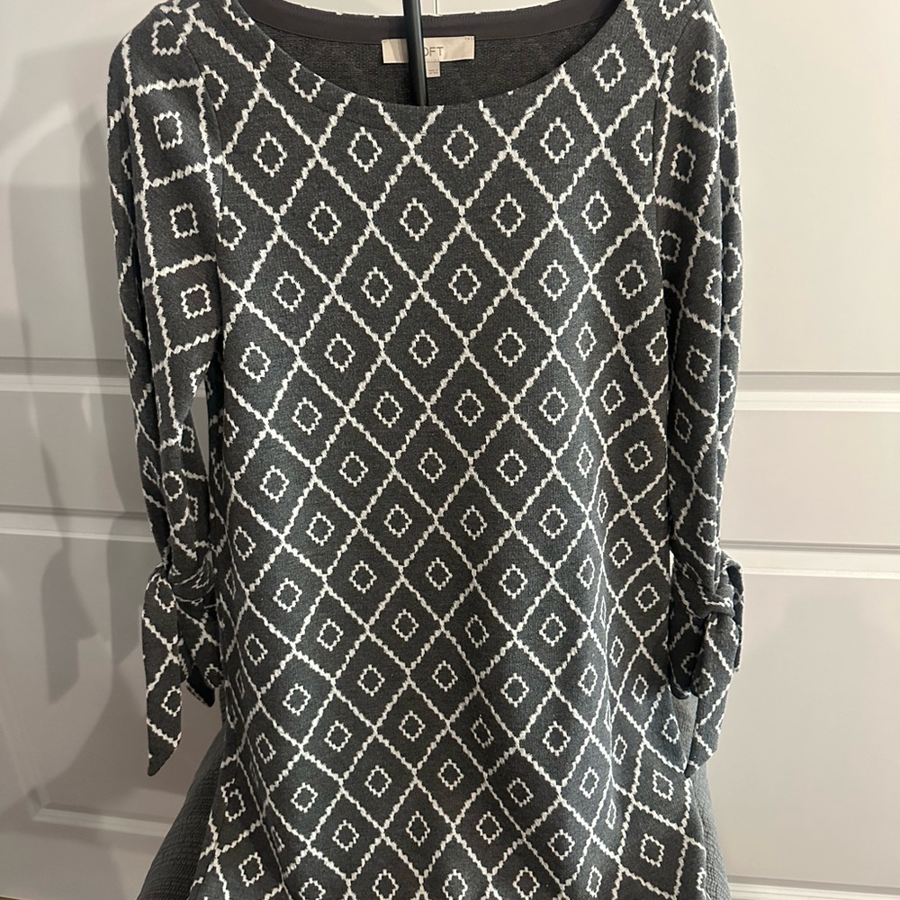 LOFT Charcoal and Ivory Patterned Knit Dress